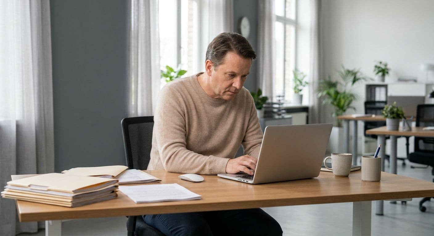 Data-entry specialist entering records into a database on a laptop