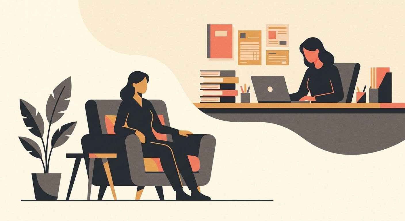 Illustration of a therapy office with organized billing workflow behind it