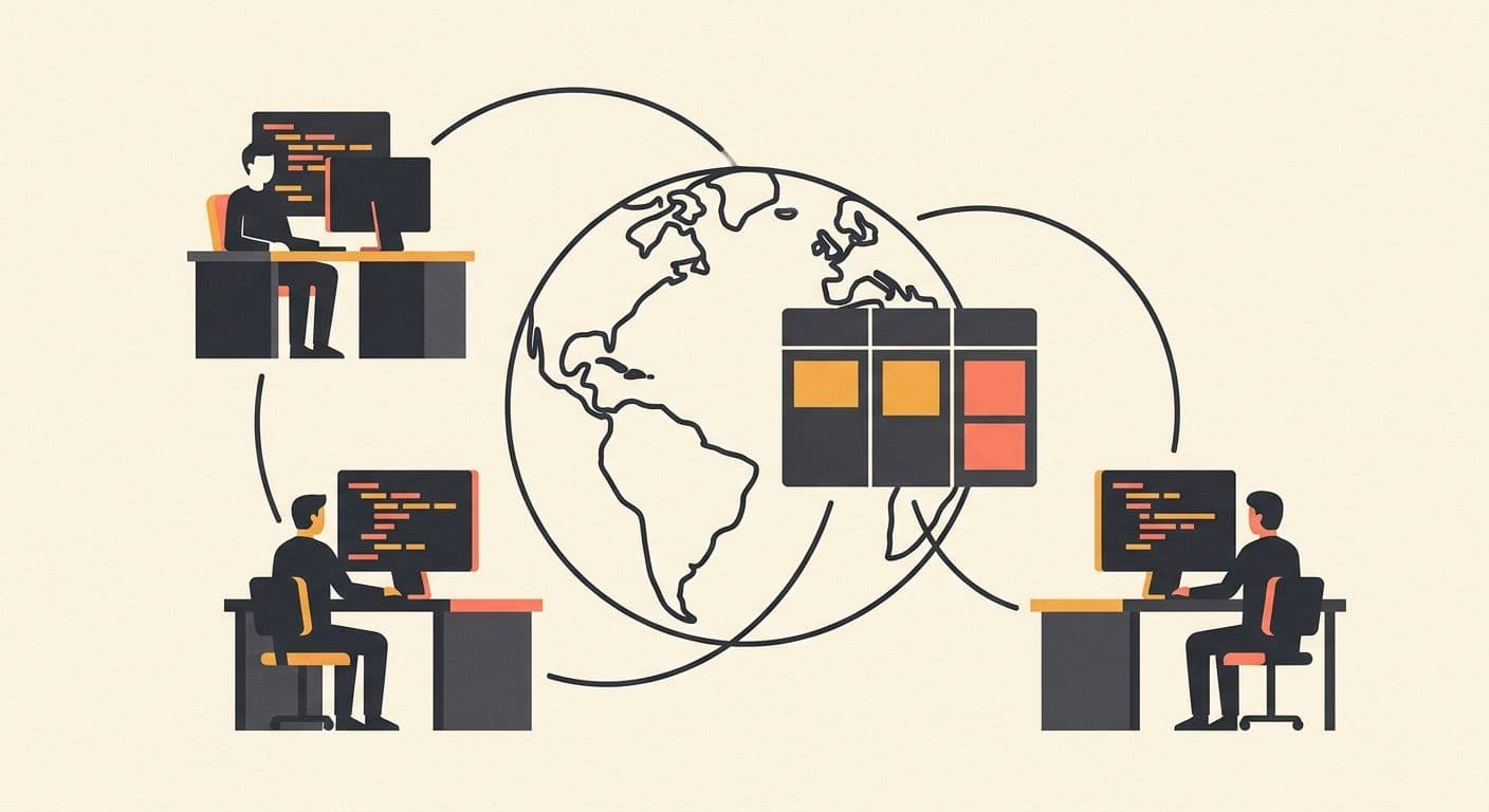 Illustration of developer desks connected across a globe to a project board