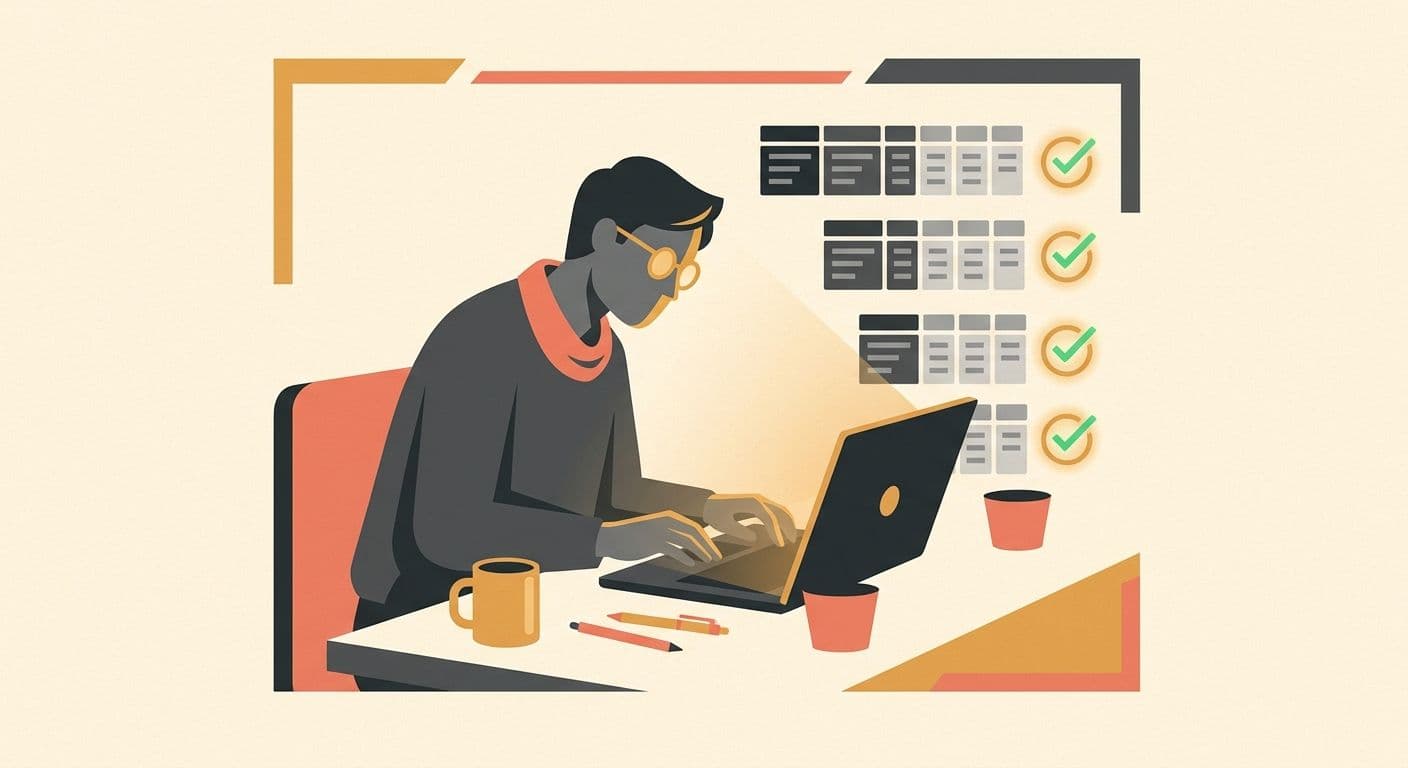 Illustration of a bookkeeper reconciling accounts on a laptop