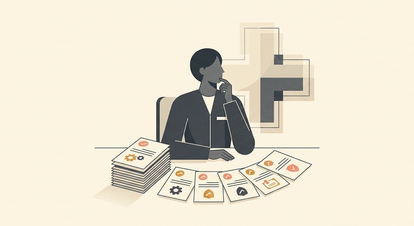 Illustration of a healthcare administrator verifying credential documents