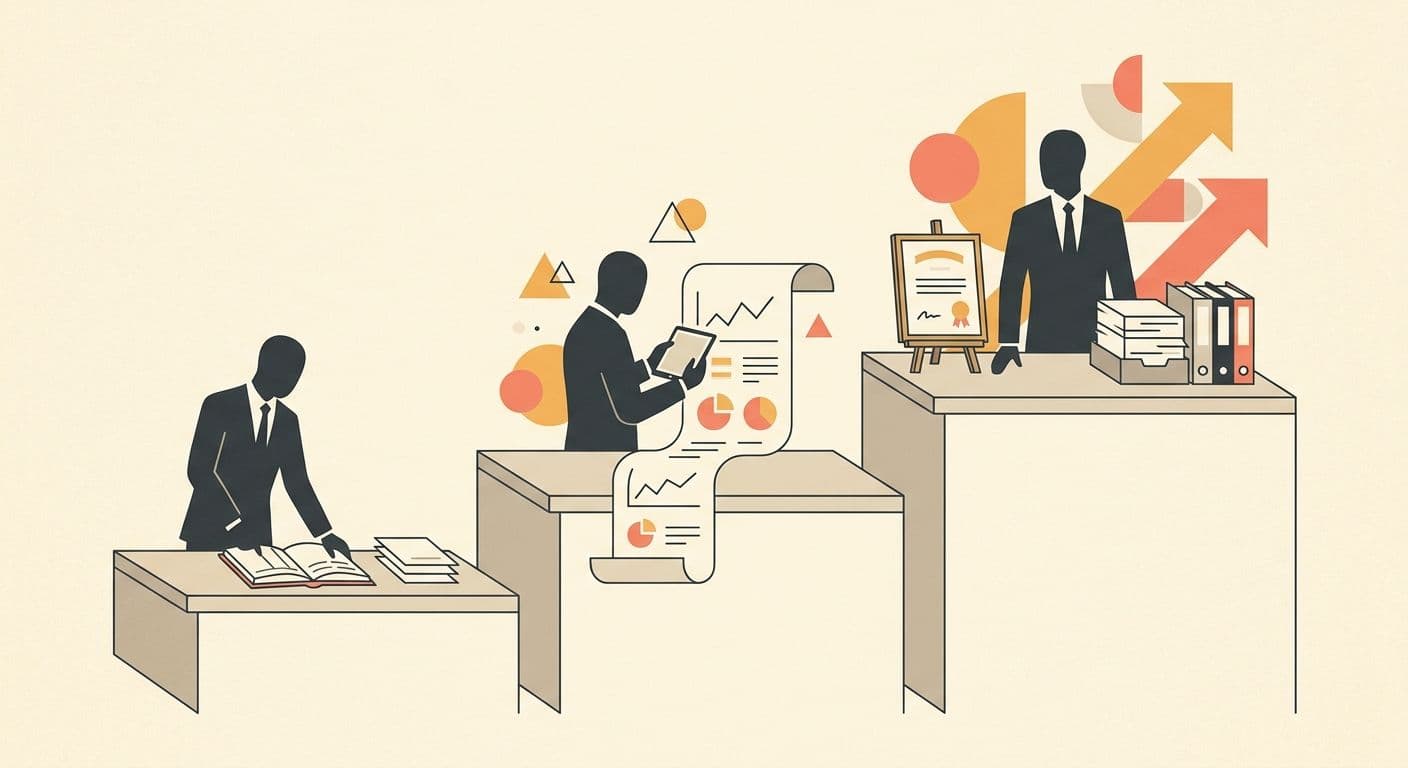 Illustration of bookkeeper, accountant and CPA at ascending desks