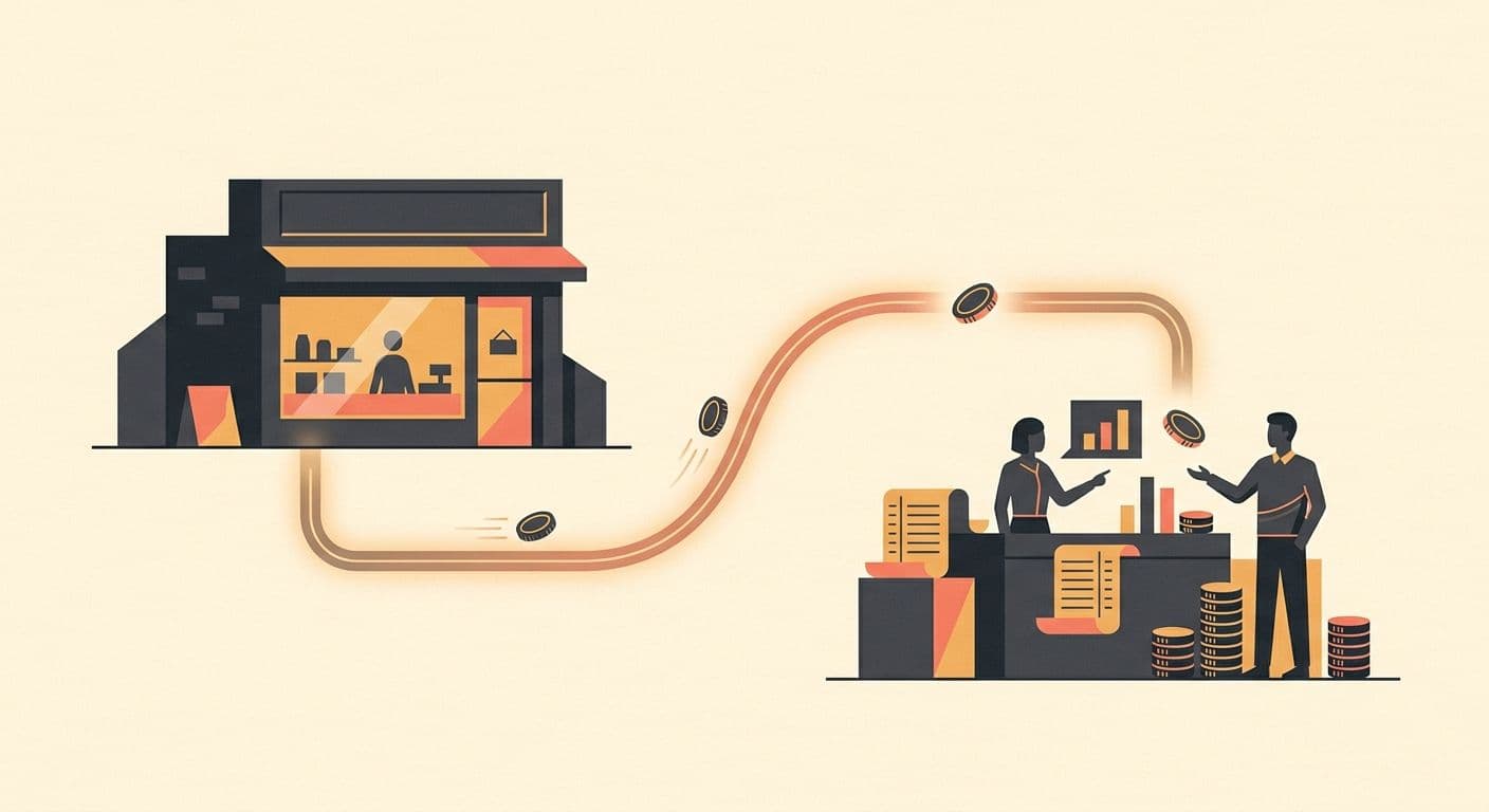 Illustration of a small storefront connected to a remote finance desk