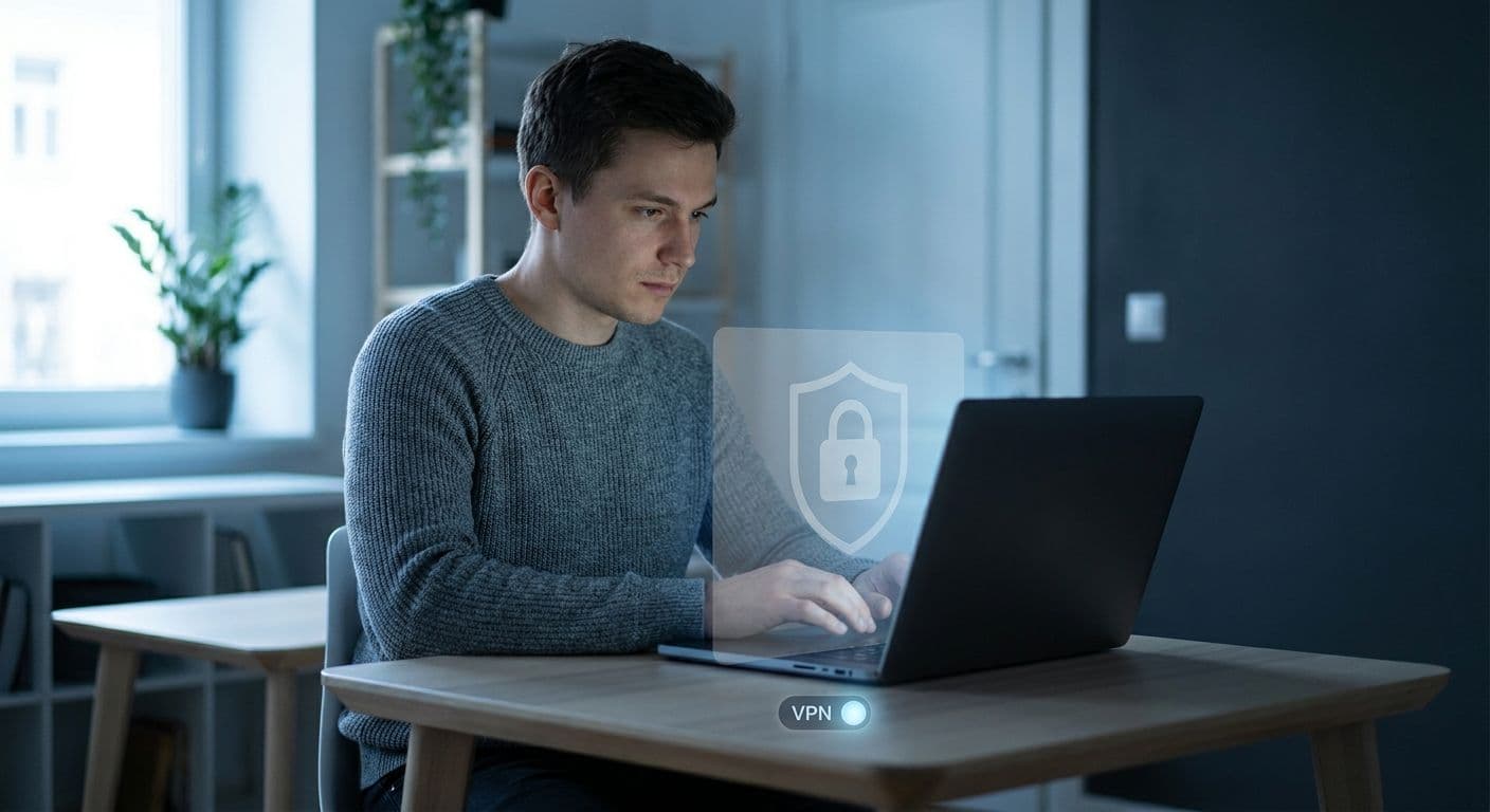 Remote worker on a secured laptop with a padlock and VPN indicator