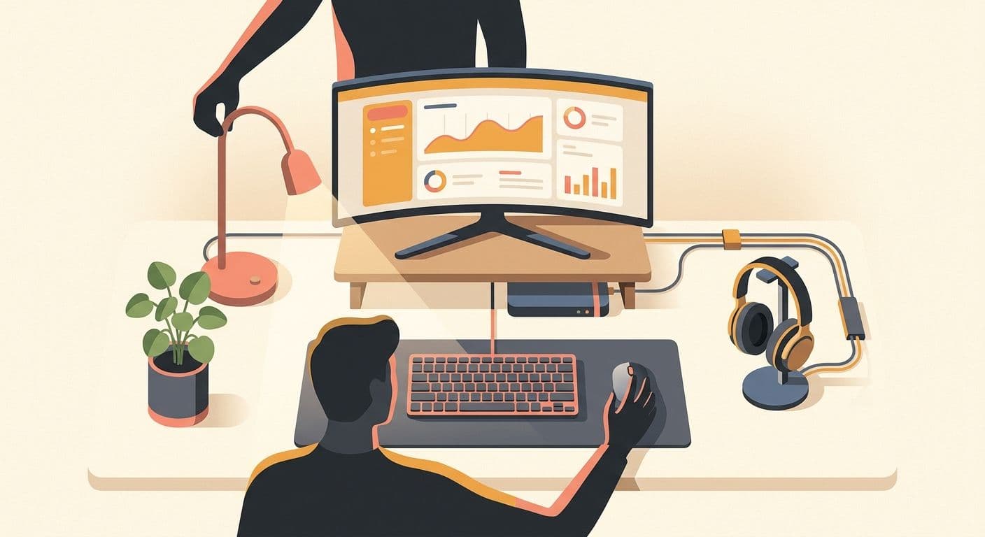Illustration of an ergonomic home office desk setup