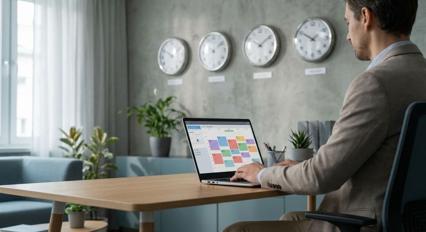 Remote manager coordinating a team across multiple time zones with world clocks and a shared calendar