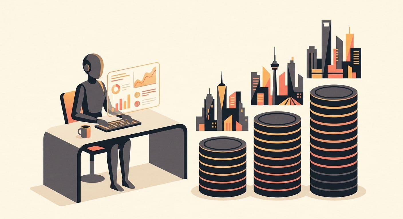 Illustration of a virtual assistant with price comparison across three regional markets