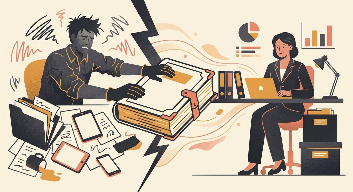 Illustration of a founder handing a ledger to a calm remote accountant