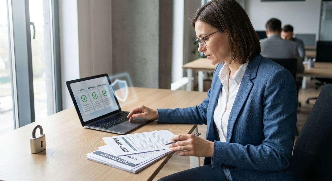 Compliance officer reviewing data-protection and audit documents