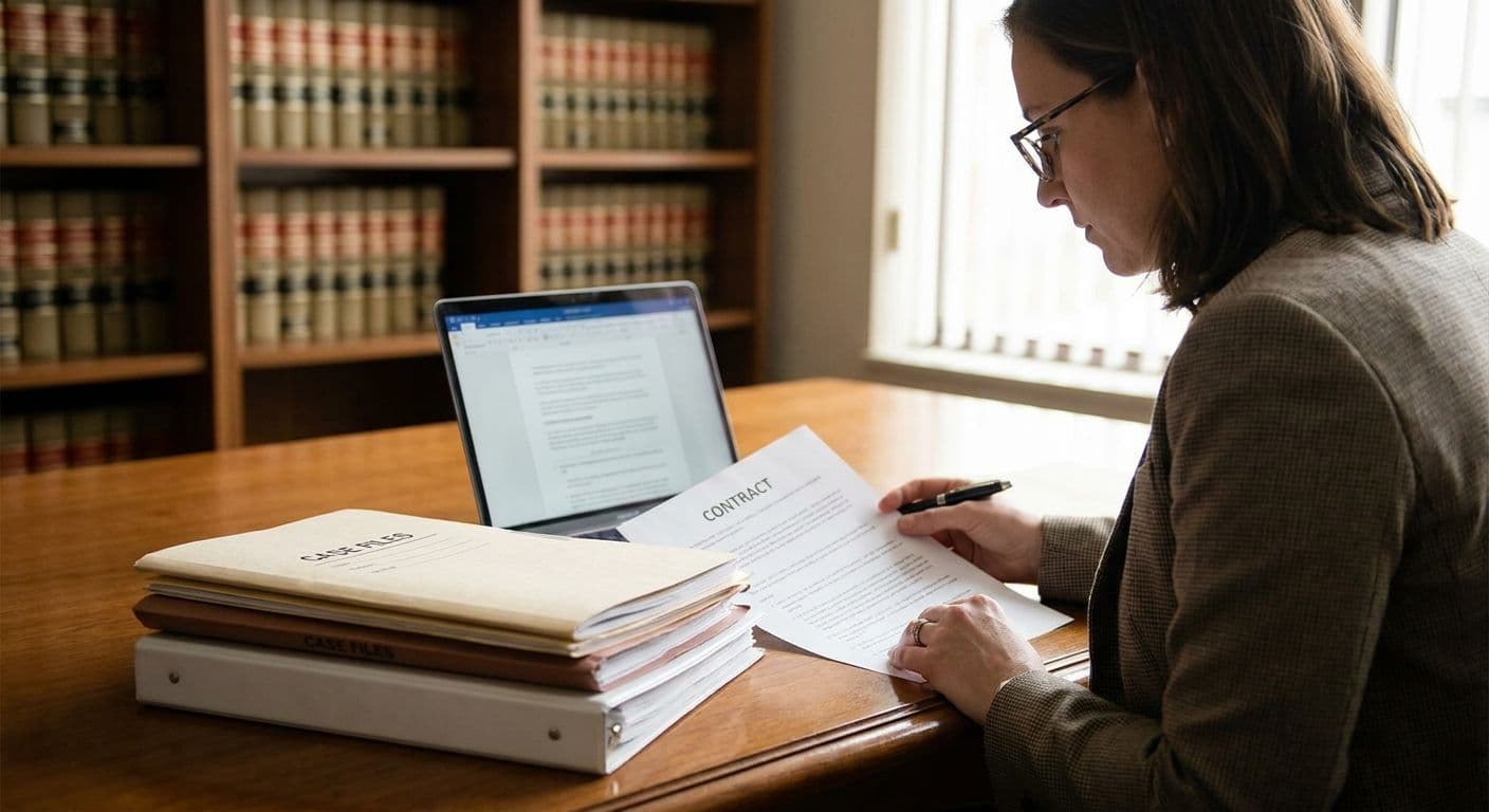 Contract paralegal reviewing legal case files and a contract at a desk