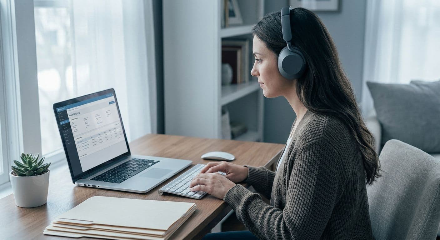 Remote medical billing virtual assistant entering billing codes with a headset