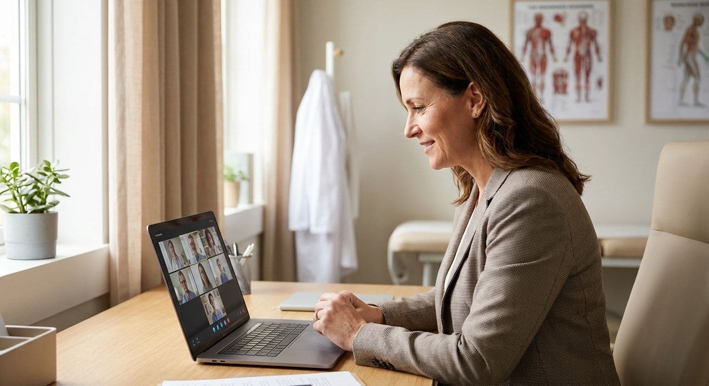 Healthcare operations manager coordinating a remote clinical team on a video call