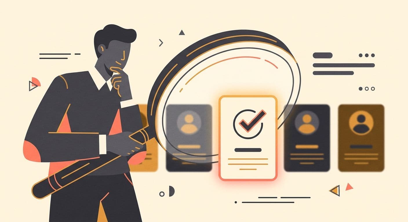 Illustration of a magnifying glass over candidate profile cards