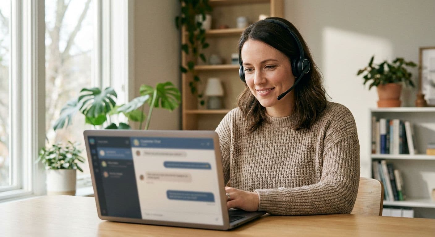Remote customer support agent with a headset handling a live chat conversation