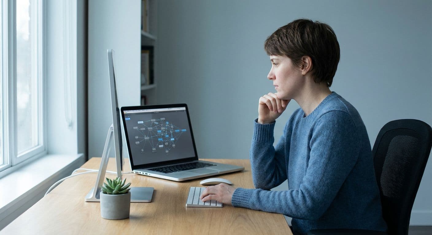 Remote AI automation specialist building a workflow automation on a laptop