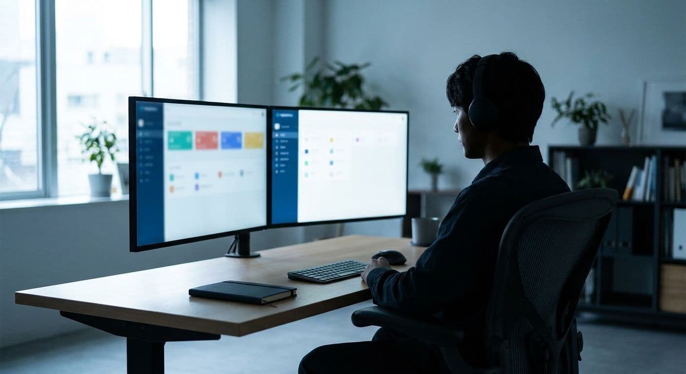 Content moderator reviewing a flagged-content queue across two monitors